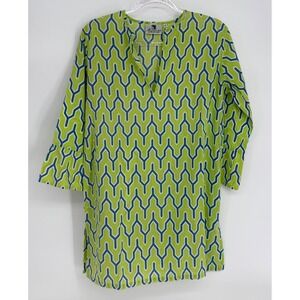 Malabar Bay Women Organic Cotton Tunic Geometric Lime Green Blue 3/4 Sleeve Sz L